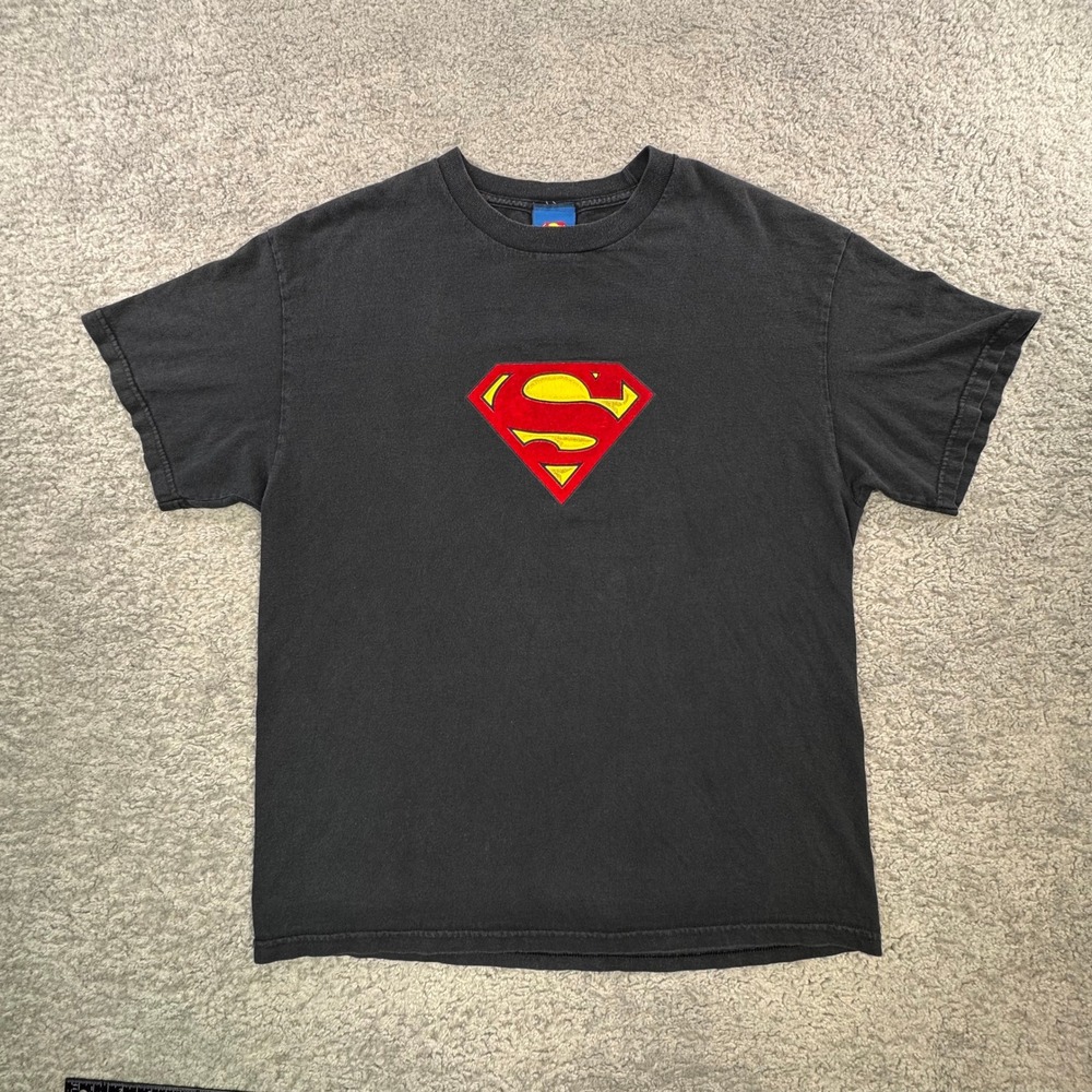 VTG Y2K 00s Superman DC Comics 3-D Black‎ T-Shirt Felt Logo Large